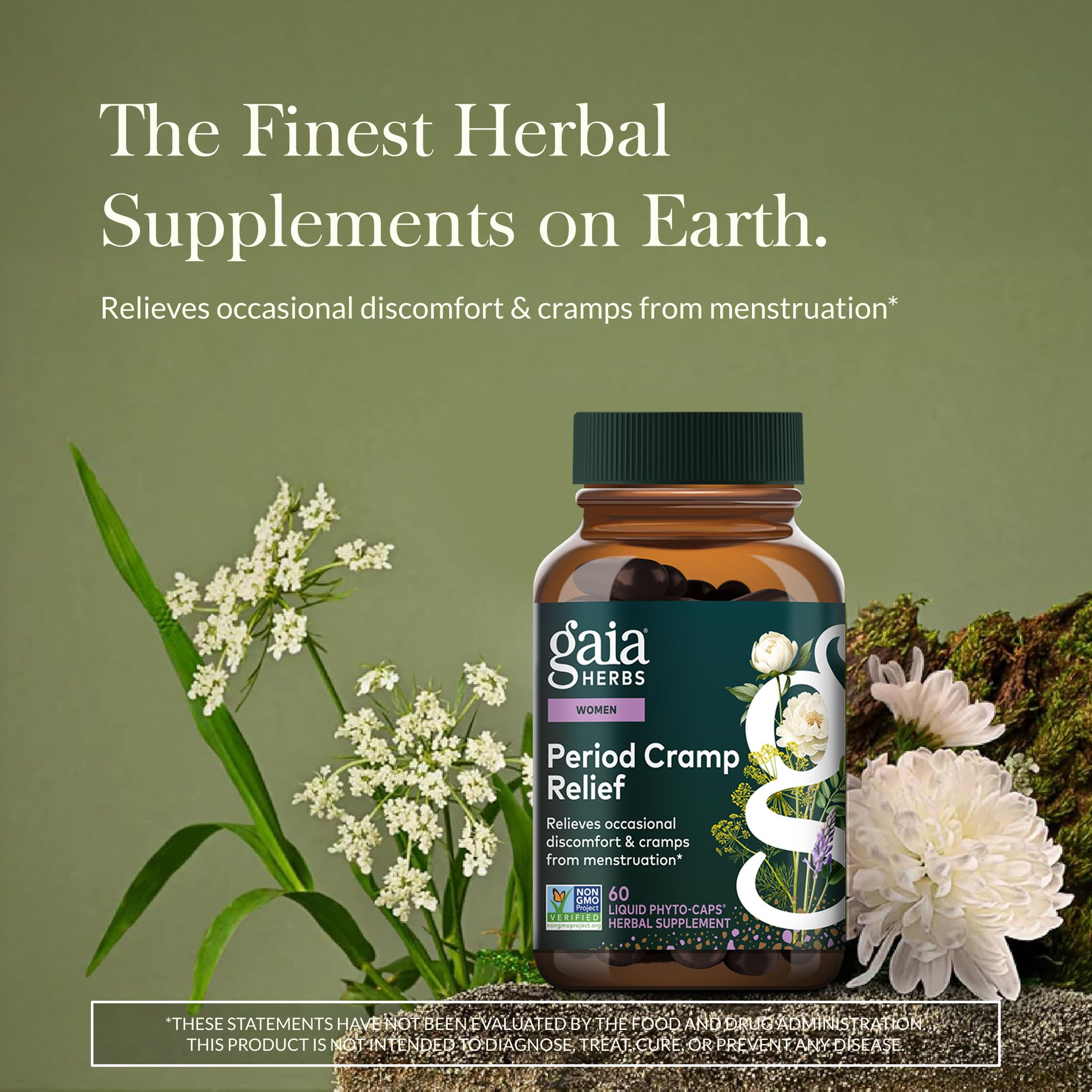 Gaia Herbs Cramp Relief bottle back showing directions and ingredients.