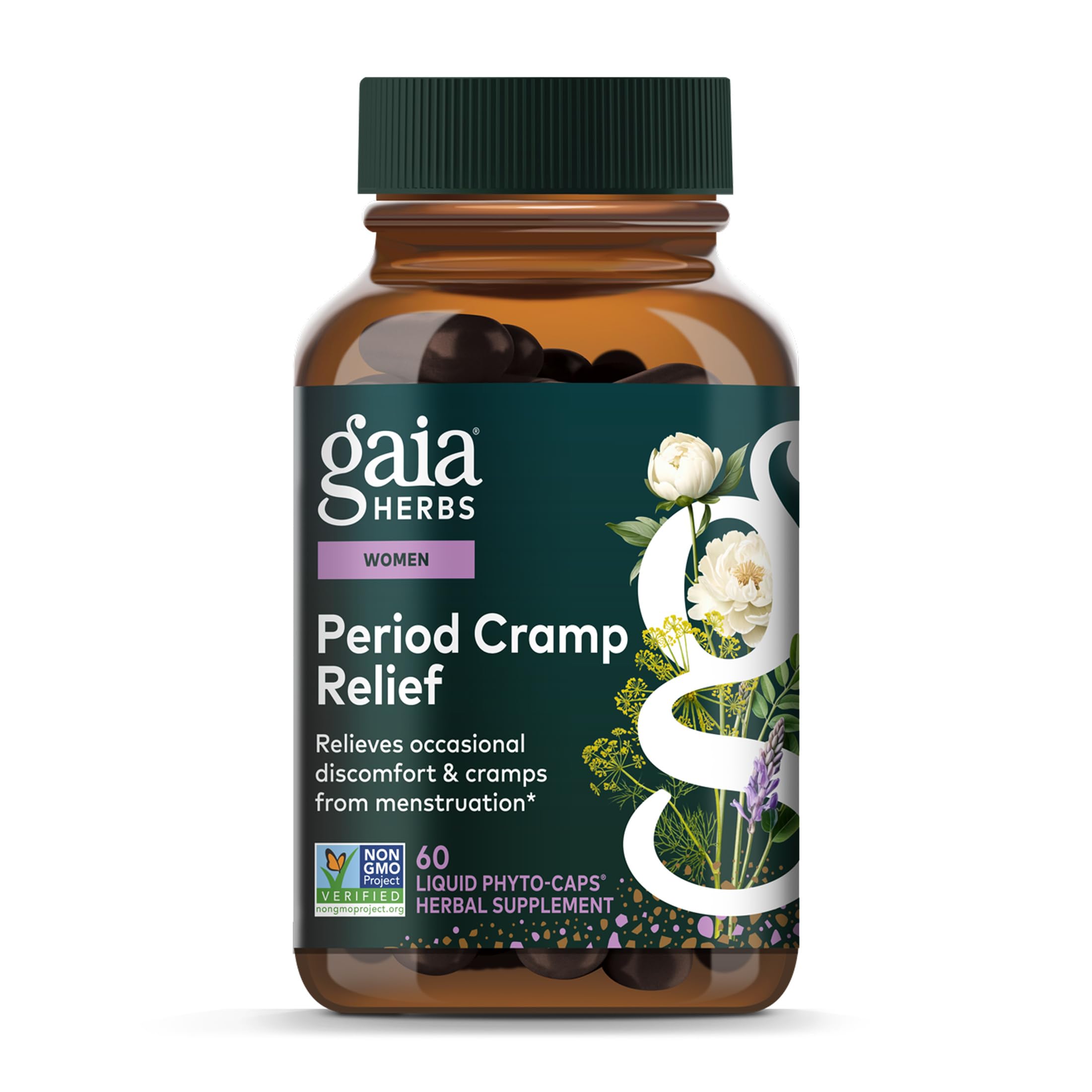 Gaia Herbs Cramp Relief bottle front with vegan capsules for menstrual comfort.