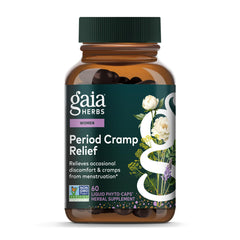 Gaia Herbs Cramp Relief bottle front with vegan capsules for menstrual comfort.