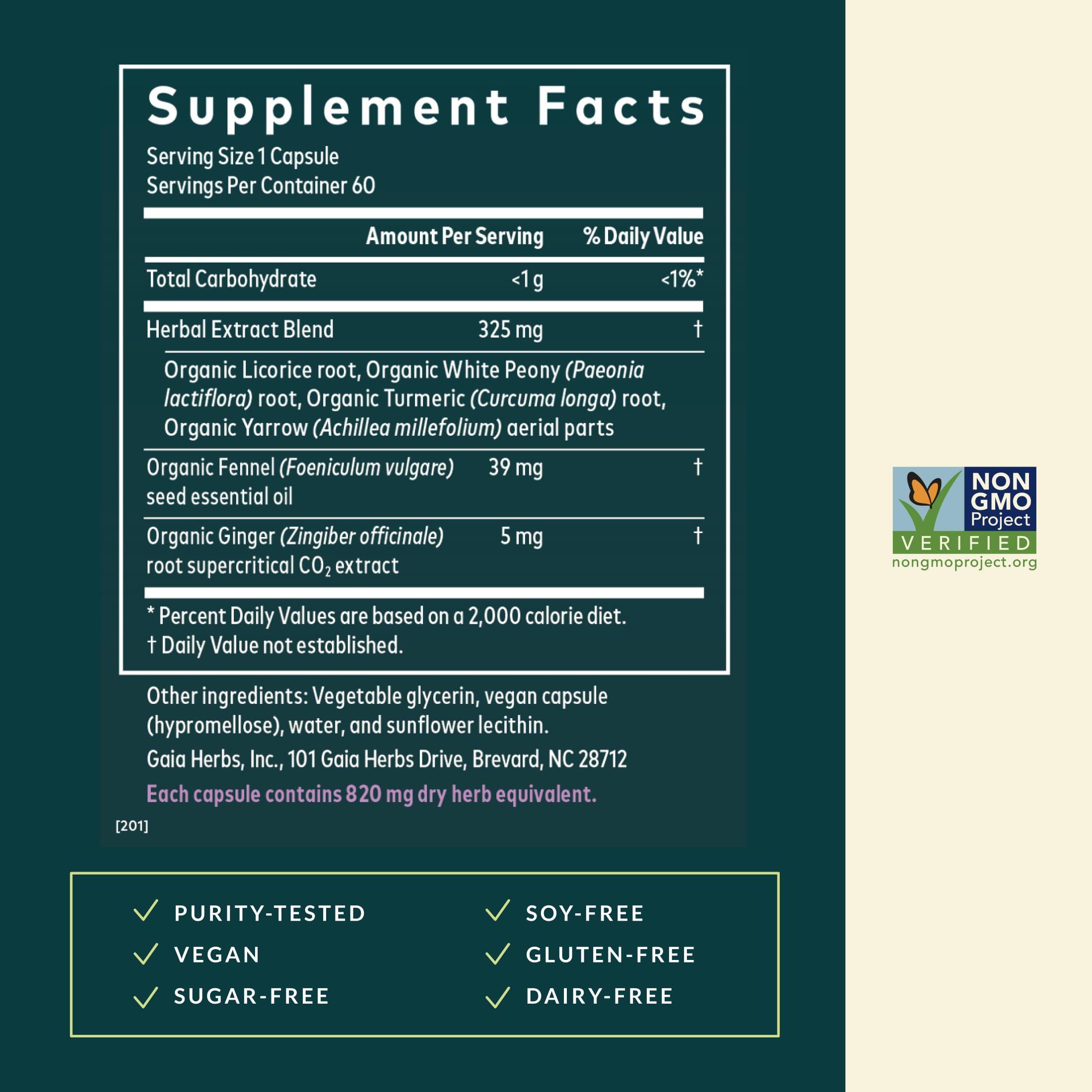 Closeup of Gaia Herbs Cramp Relief capsules for easy daily use.