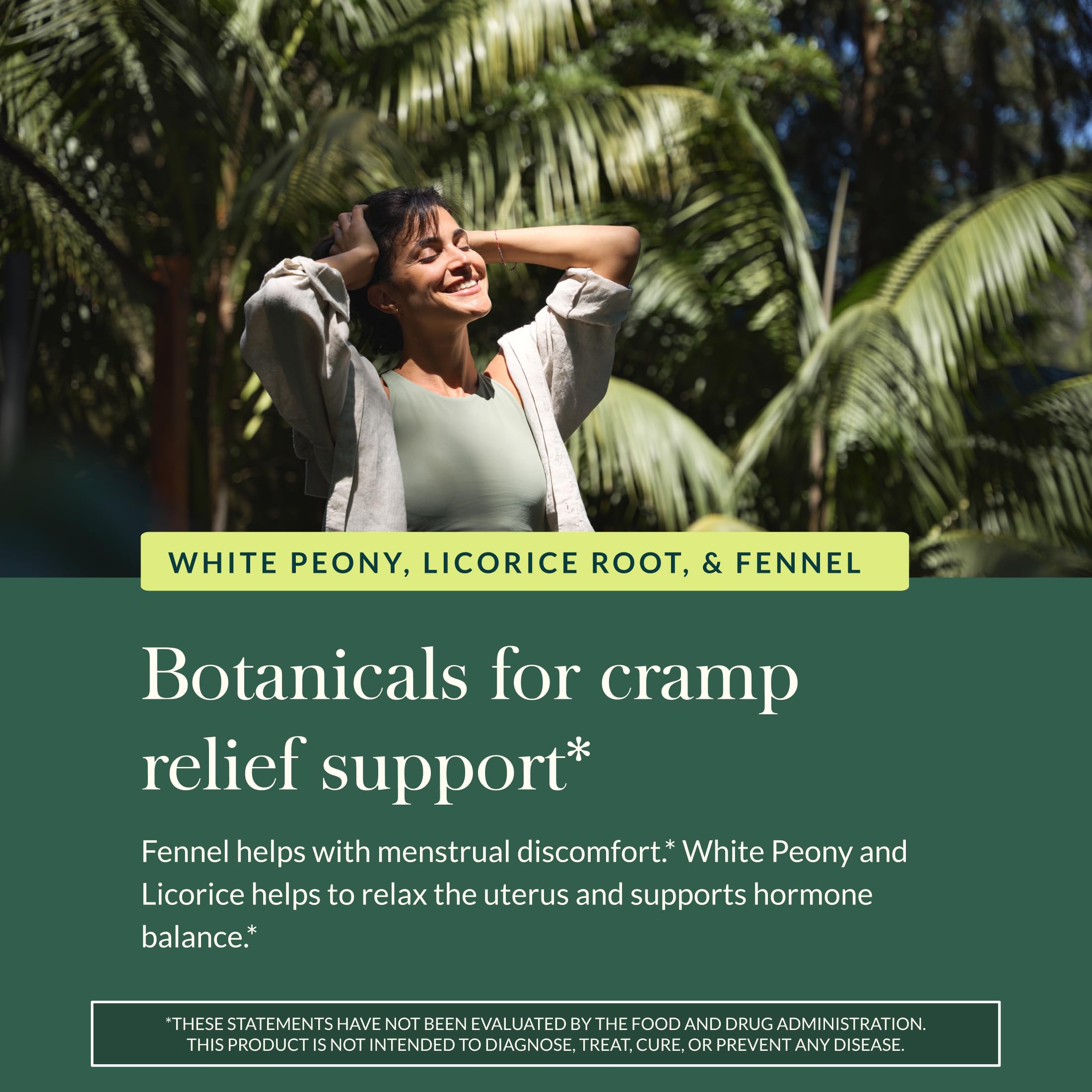 Gaia Herbs Cramp Relief licorice root highlighting soothing herbs.