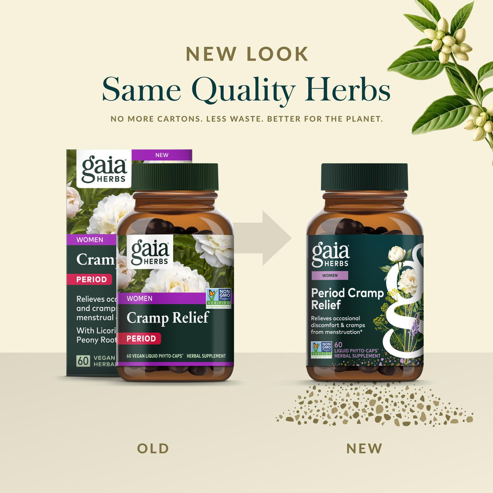 Gaia Herbs Cramp Relief turmeric and ginger ingredients image.