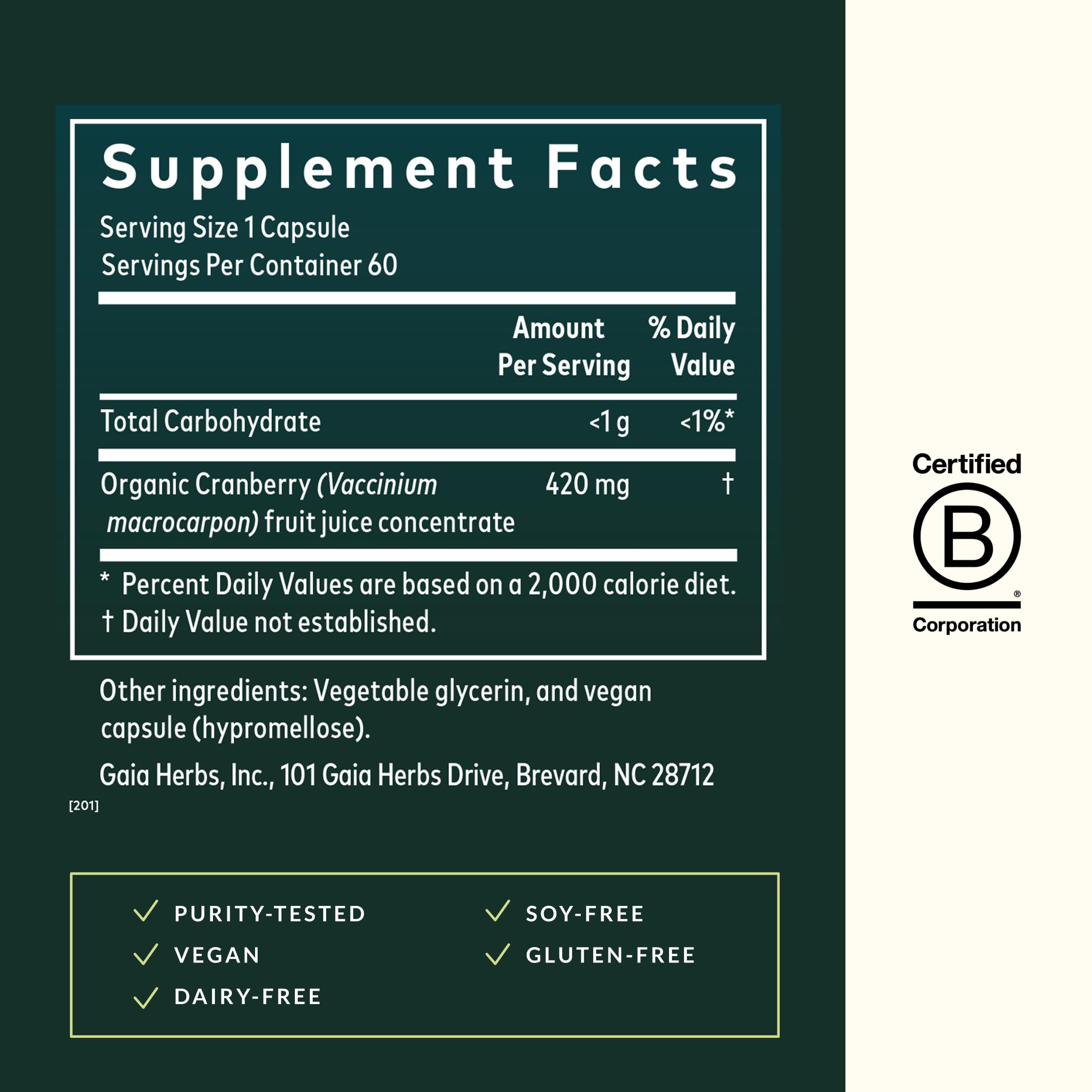 Gaia Herbs Cranberry Concentrate capsules lined up for convenient daily urinary tract support.