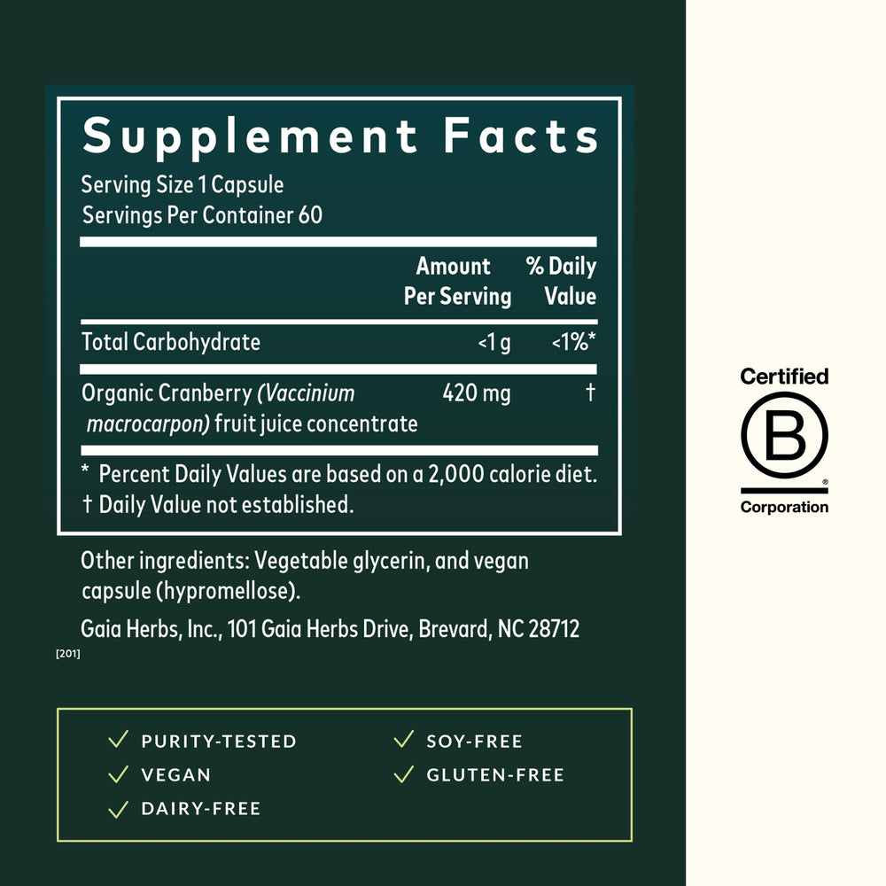 Gaia Herbs Cranberry Concentrate capsules lined up for convenient daily urinary tract support.