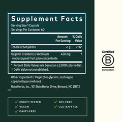 Gaia Herbs Cranberry Concentrate capsules lined up for convenient daily urinary tract support.