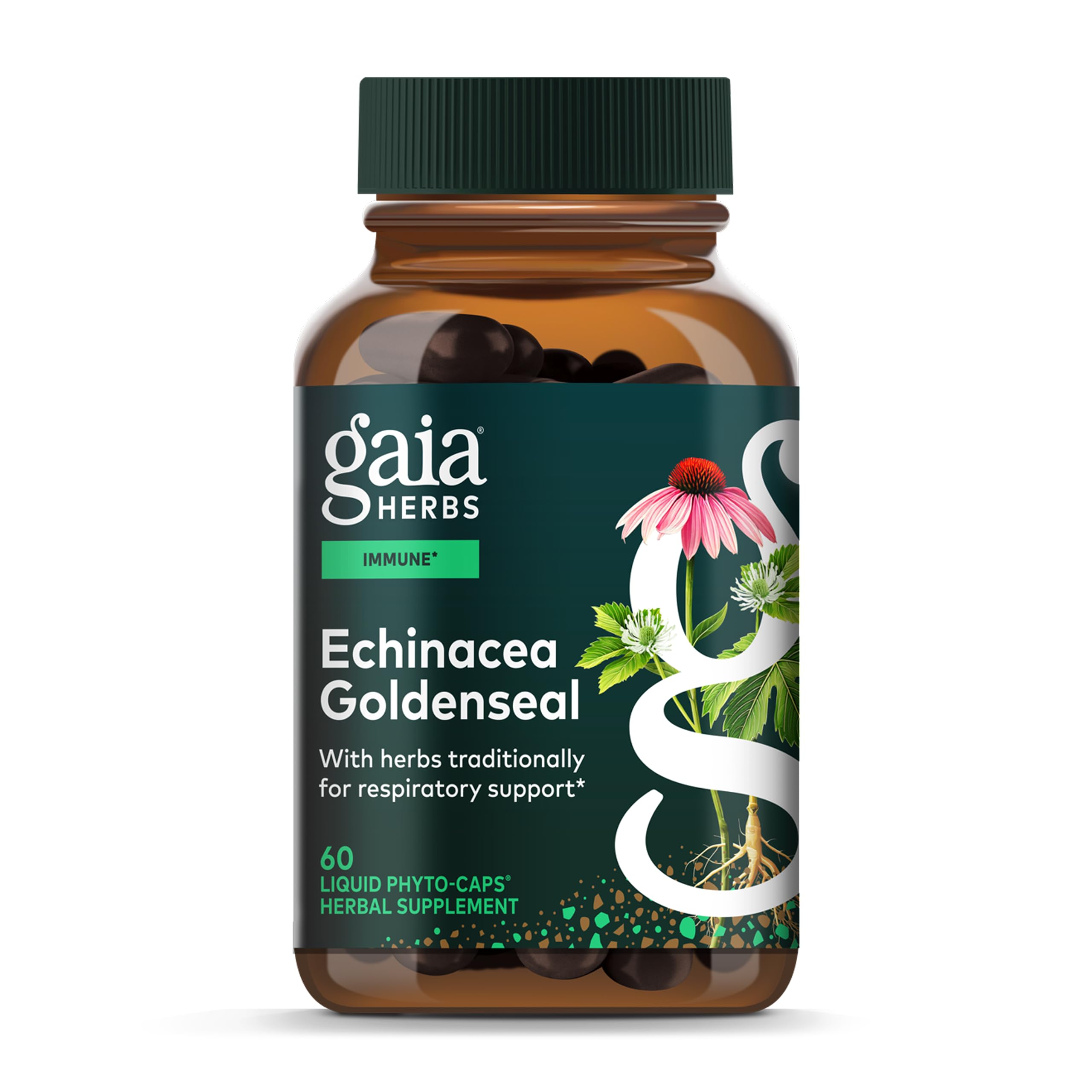 Gaia Herbs Echinacea Goldenseal bottle on a clean surface supports immune health