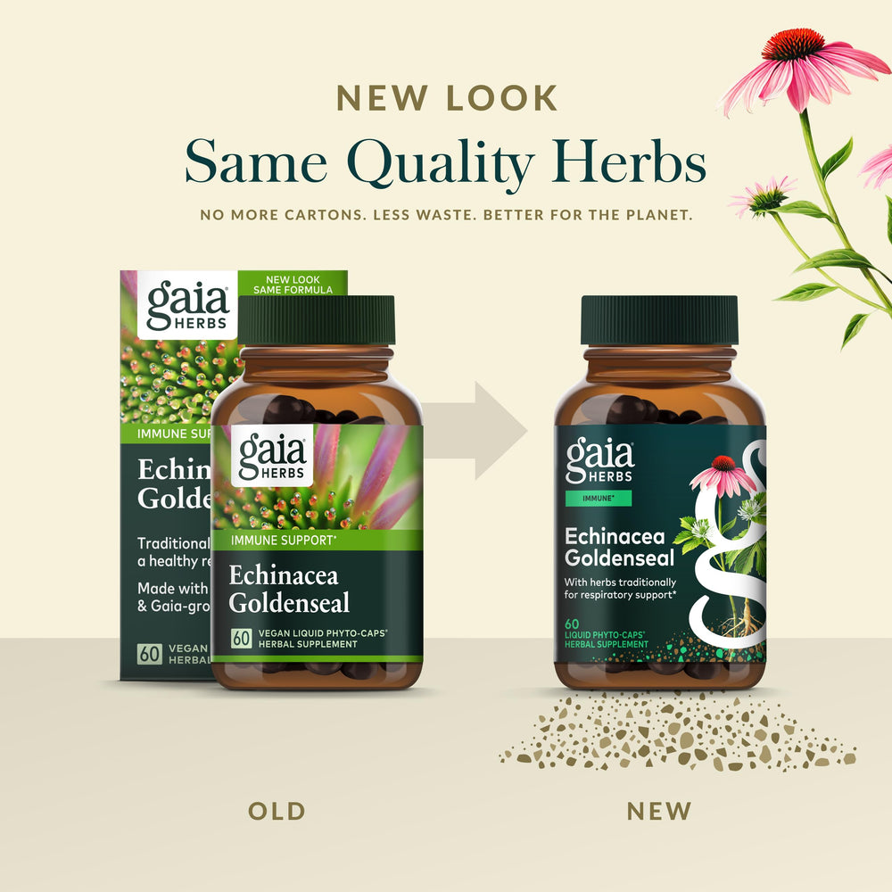 Caps detail of Gaia Herbs Echinacea Goldenseal shows vegan capsules