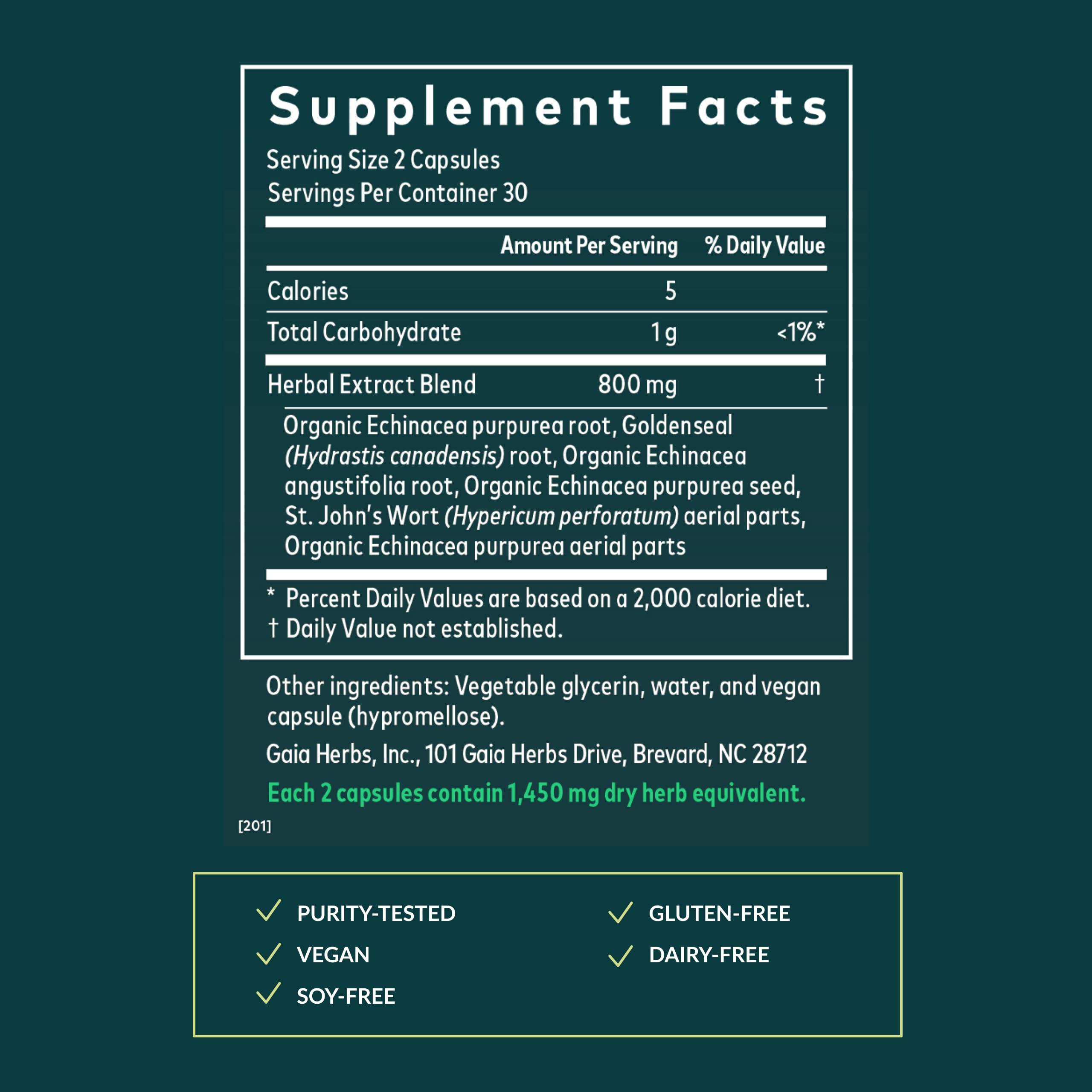 Ingredients panel on Gaia Herbs Echinacea Goldenseal packaging