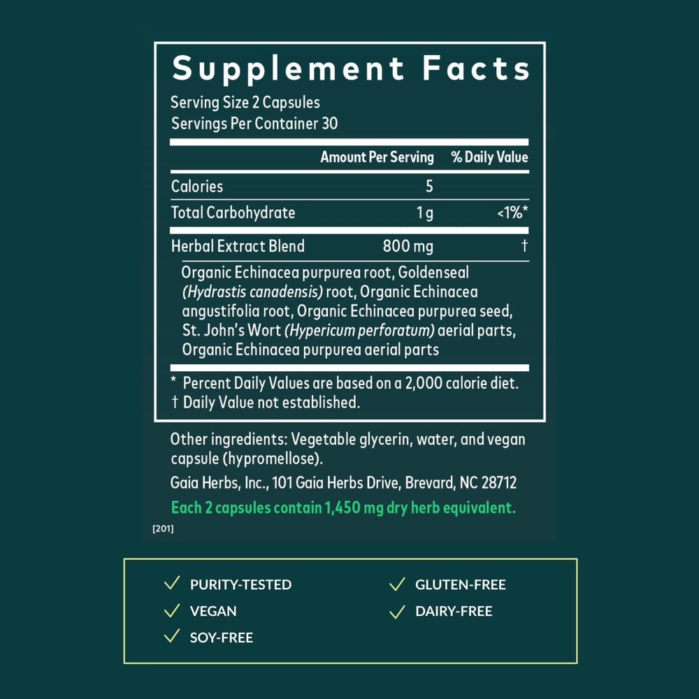 Ingredients panel on Gaia Herbs Echinacea Goldenseal packaging