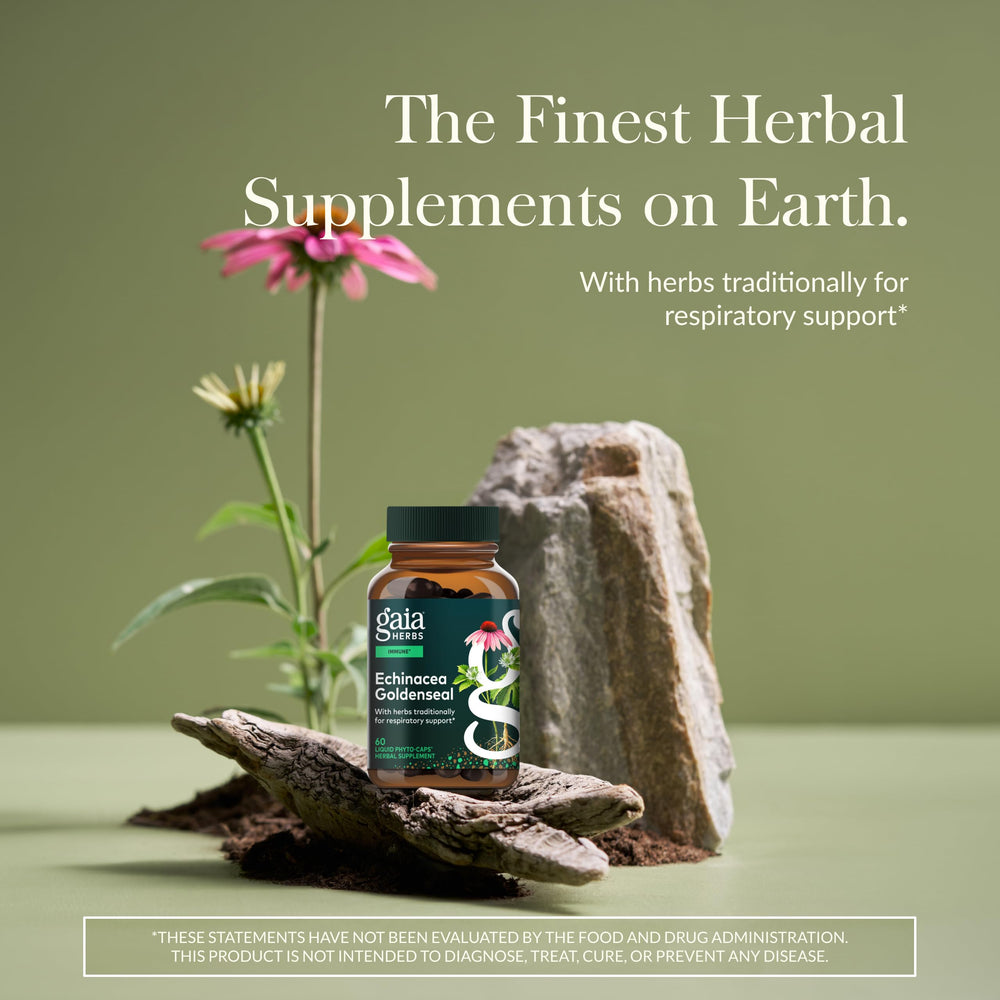 Closeup of Gaia Herbs Echinacea Goldenseal label showing traditional respiratory support