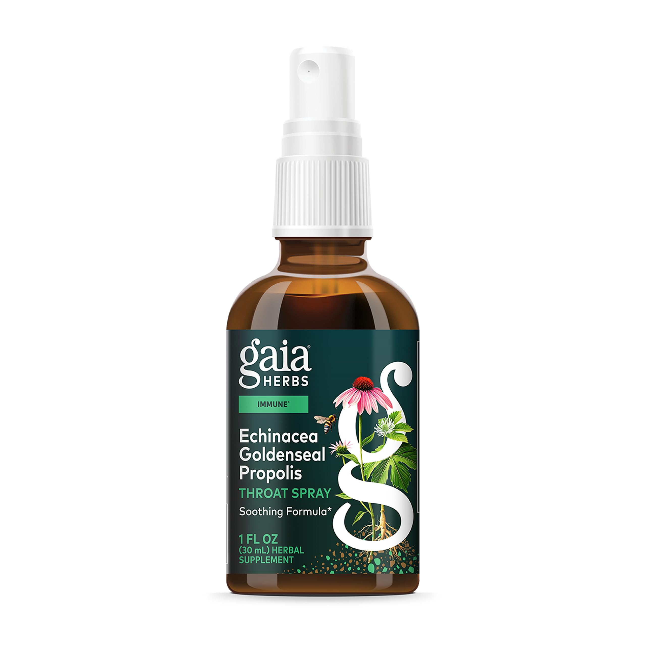 Gaia Herbs throat spray front view showing portable immune support on the go