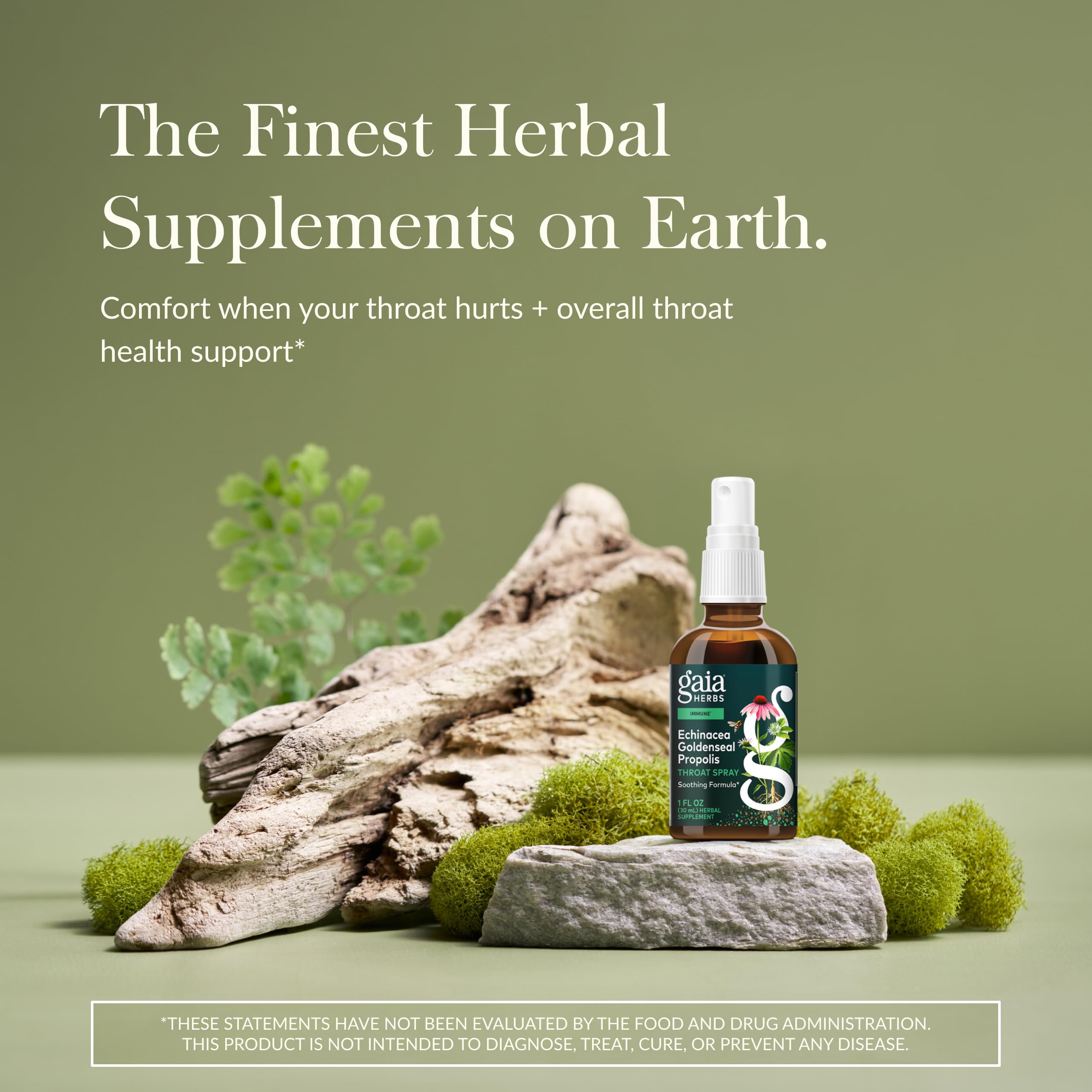 Gaia Herbs throat spray label close up emphasizing organic ingredients