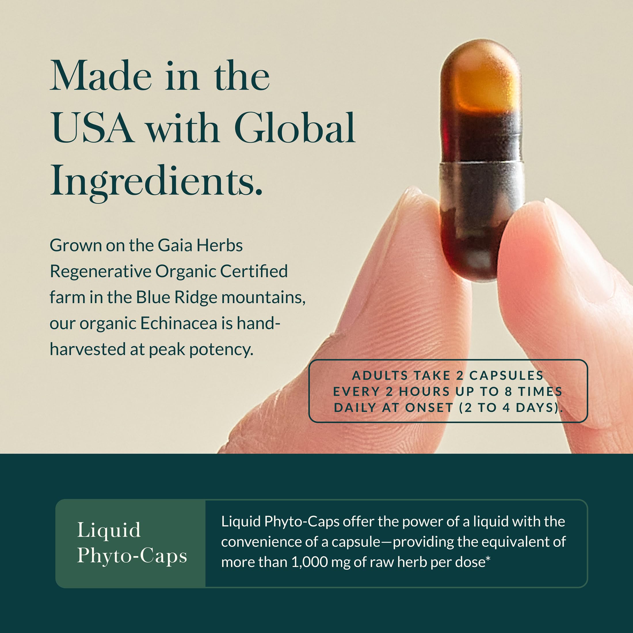 Gaia Herbs open bottle with capsules spread showing serving convenience