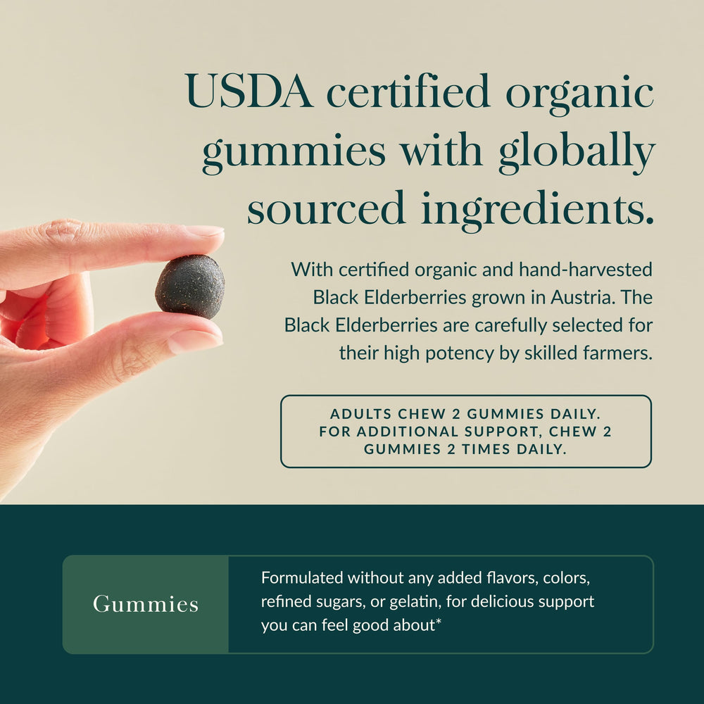 Gaia Herbs elderberry gummies packaging emphasizes trusted quality and simplicity.