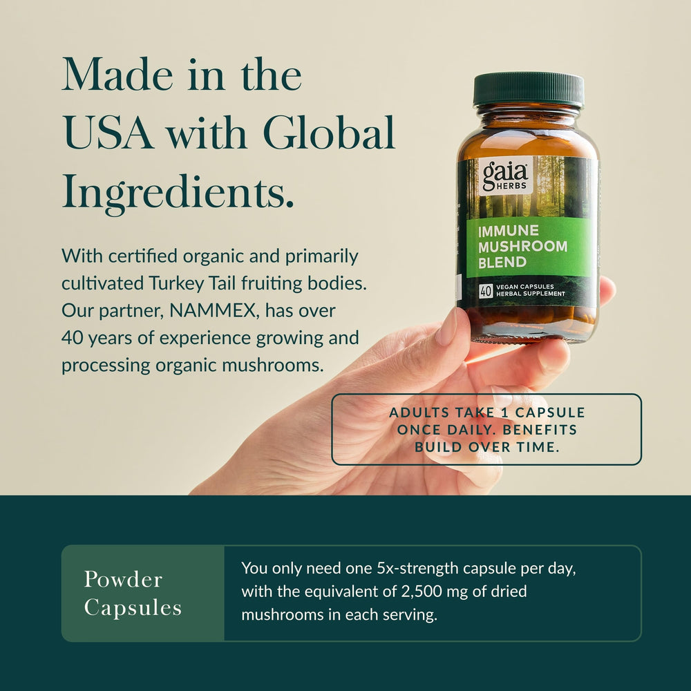 Gaia Herbs Everyday Mushrooms capsules pouring for quick daily intake