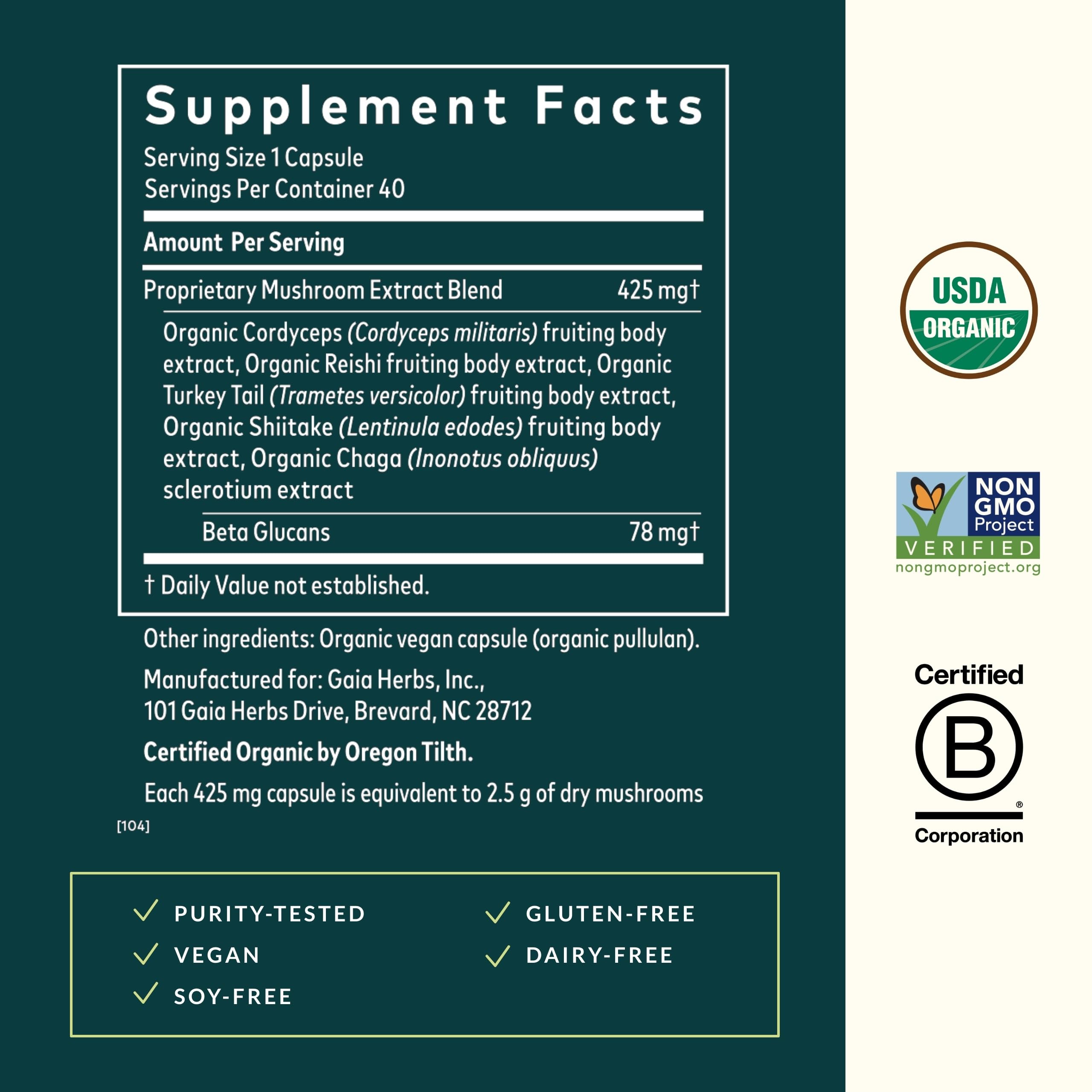 Label detail of Gaia Herbs Everyday Mushrooms showing the mushroom blend
