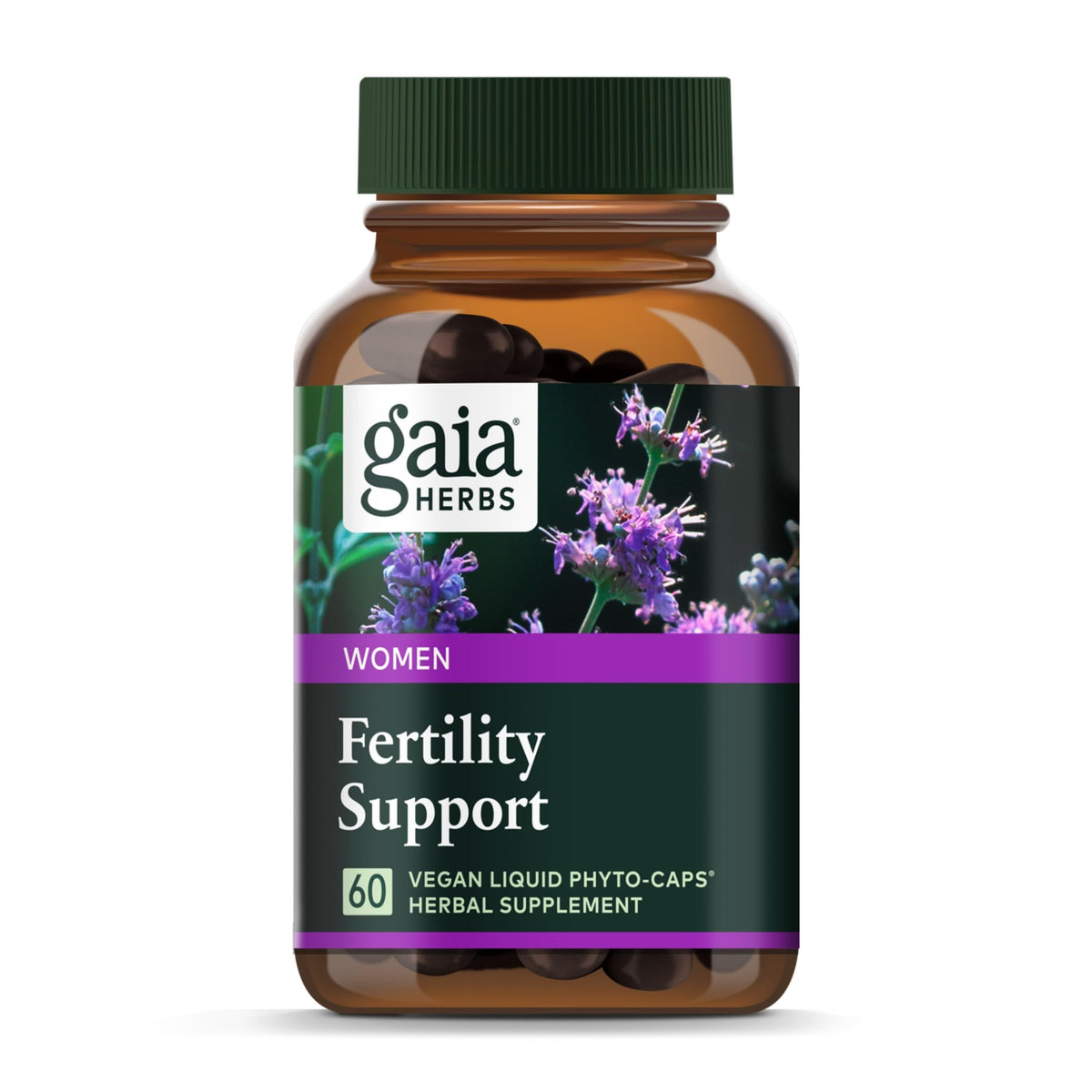  Gaia Herbs Fertility Support bottle label showing herbal blend for balance and rhythm.