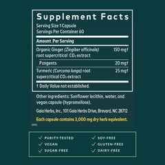 Organic ginger root and turmeric imagery beside Ginger Supreme label