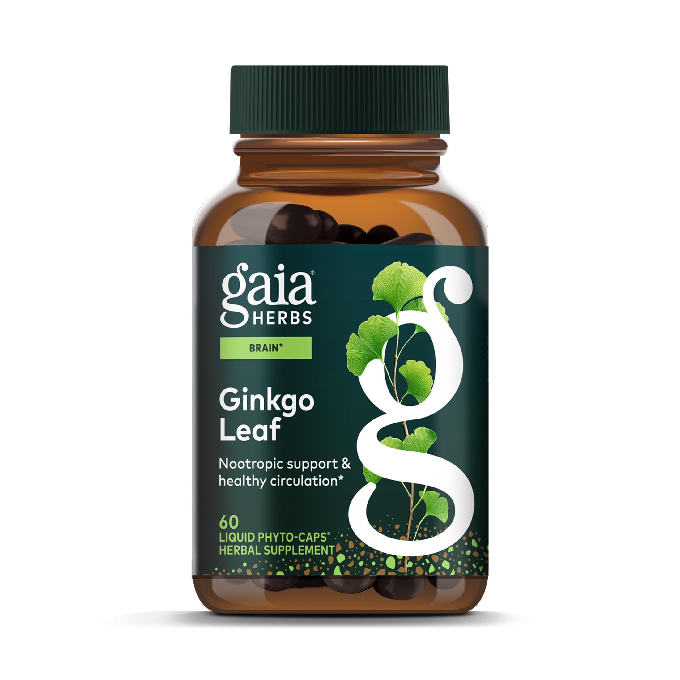 Gaia Herbs Ginkgo Leaf bottle front with 60 vegan capsules for daily brain support.