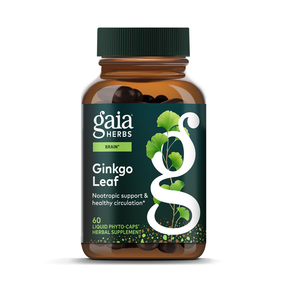 Gaia Herbs Ginkgo Leaf bottle front with 60 vegan capsules for daily brain support.
