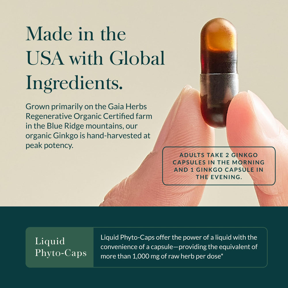 Gaia Herbs Ginkgo Leaf capsules close-up indicating convenient vegan dosage.
