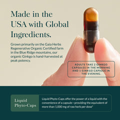 Gaia Herbs Ginkgo Leaf capsules close-up indicating convenient vegan dosage.