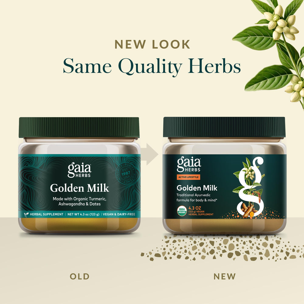 Gaia Herbs Golden Milk organic label indicating pure ingredients.