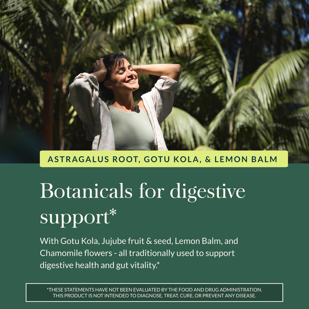 Calming chamomile and lemon balm alongside Gaia Gut Revival capsules