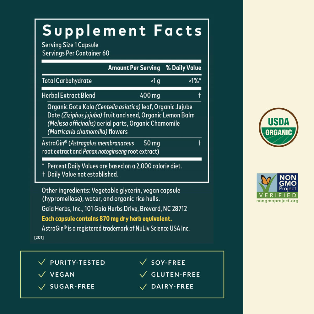 Close-up of Gaia Herbs Gut Revival herbal ingredients and natural formula
