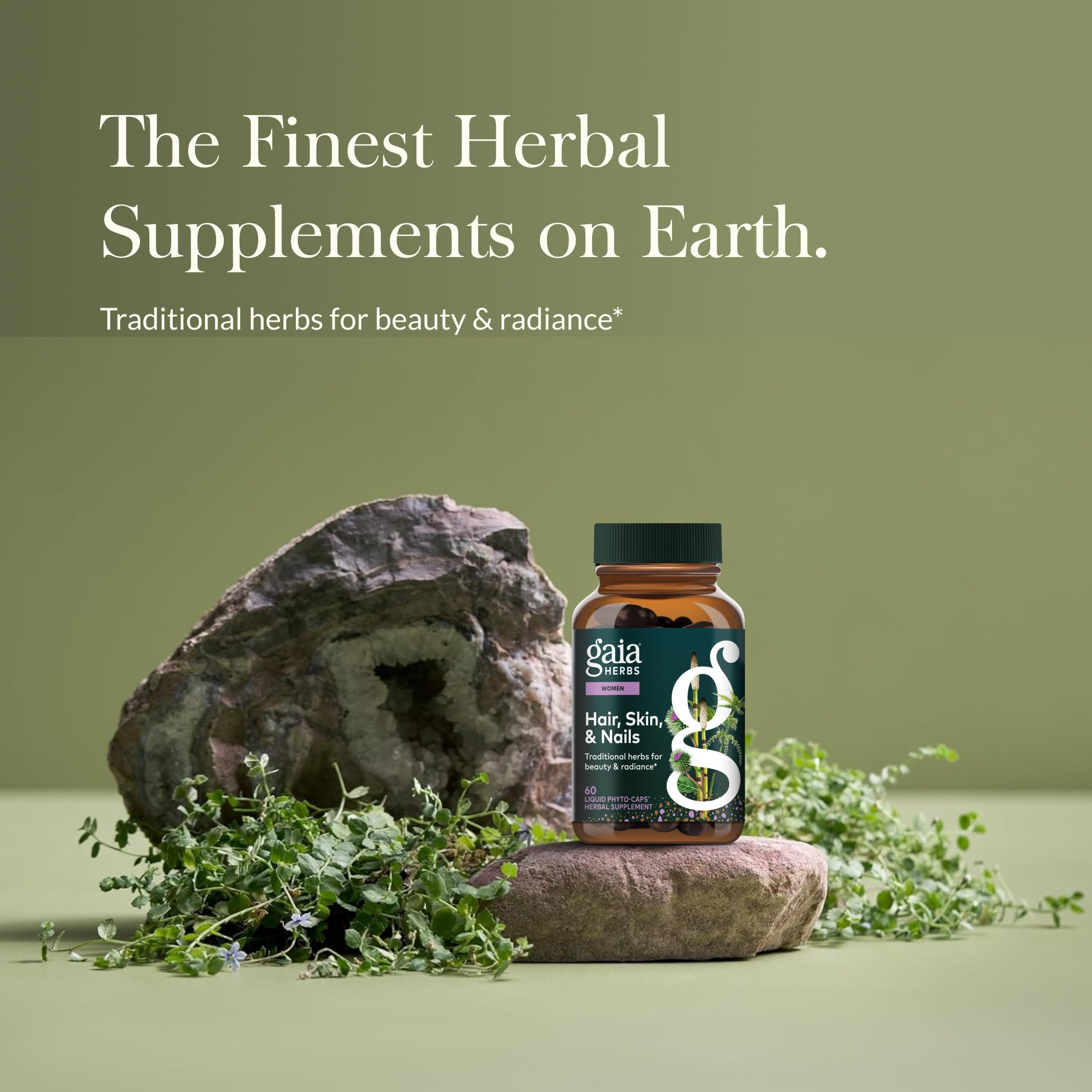 Gaia Herbs hair-skin-nail capsules closeup highlights allergen-free formula.