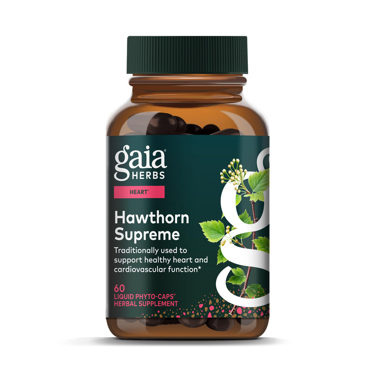 Gaia Herbs Hawthorn Supreme bottle front with vegan capsules for daily heart support.