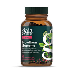 Gaia Herbs Hawthorn Supreme bottle front with vegan capsules for daily heart support.
