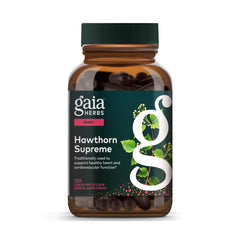Gaia Herbs Hawthorn Supreme bottle label highlights hawthorn blend for heart health support.