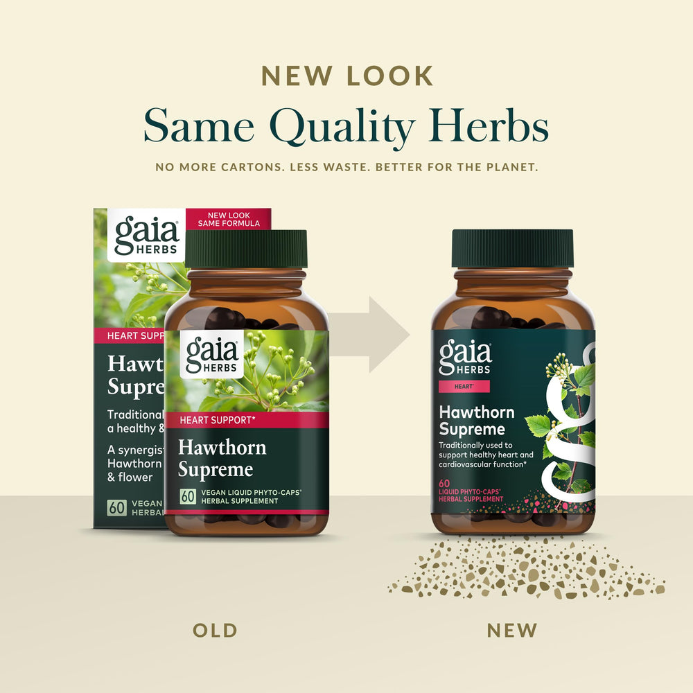 Gaia Herbs Hawthorn Supreme capsules image, vegan phyto-caps for convenient use.