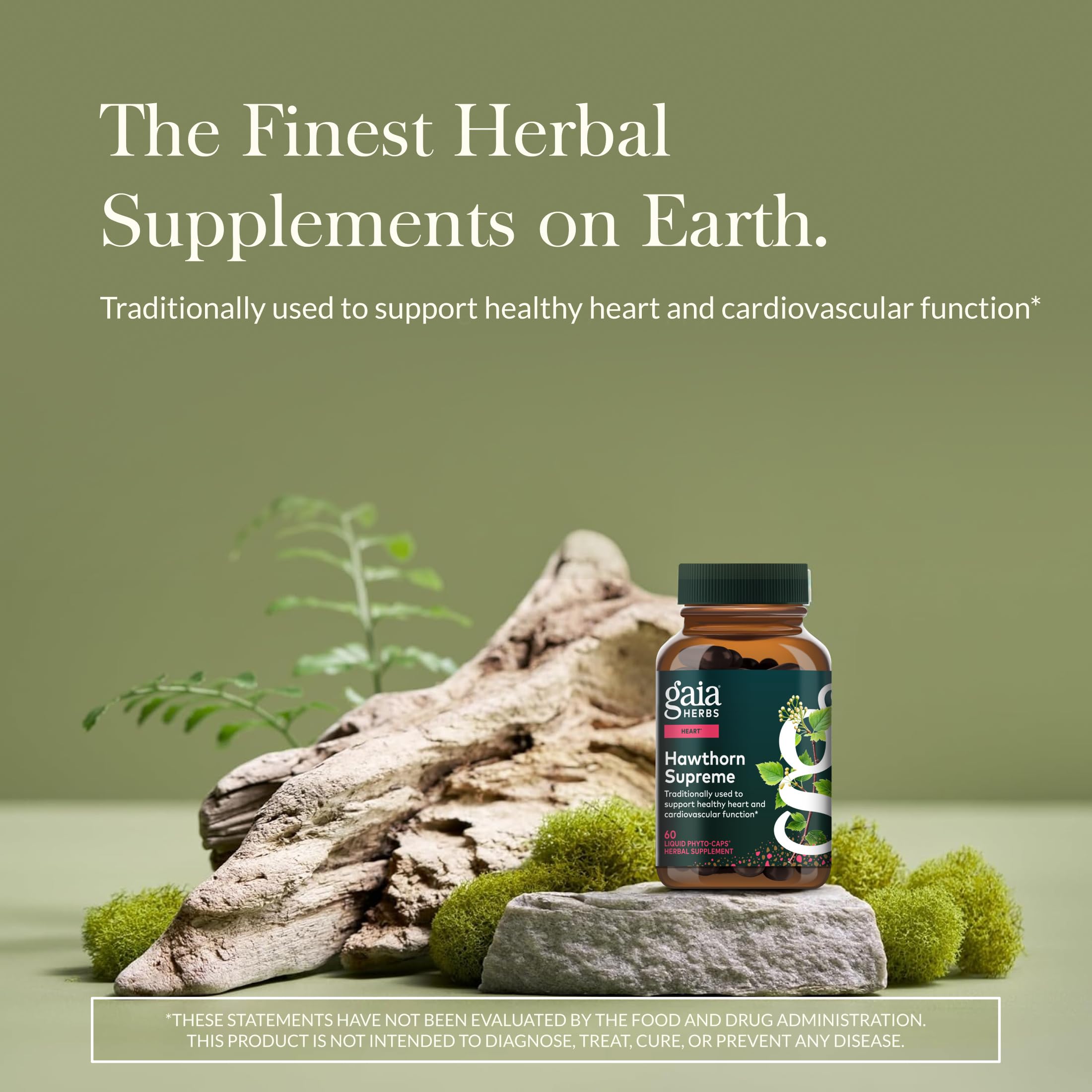 Gaia Herbs Hawthorn Supreme label detail highlighting purity and quality for heart health.