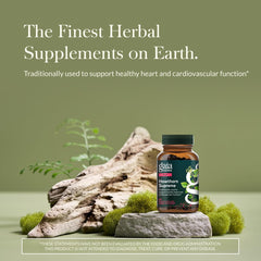Gaia Herbs Hawthorn Supreme label detail highlighting purity and quality for heart health.