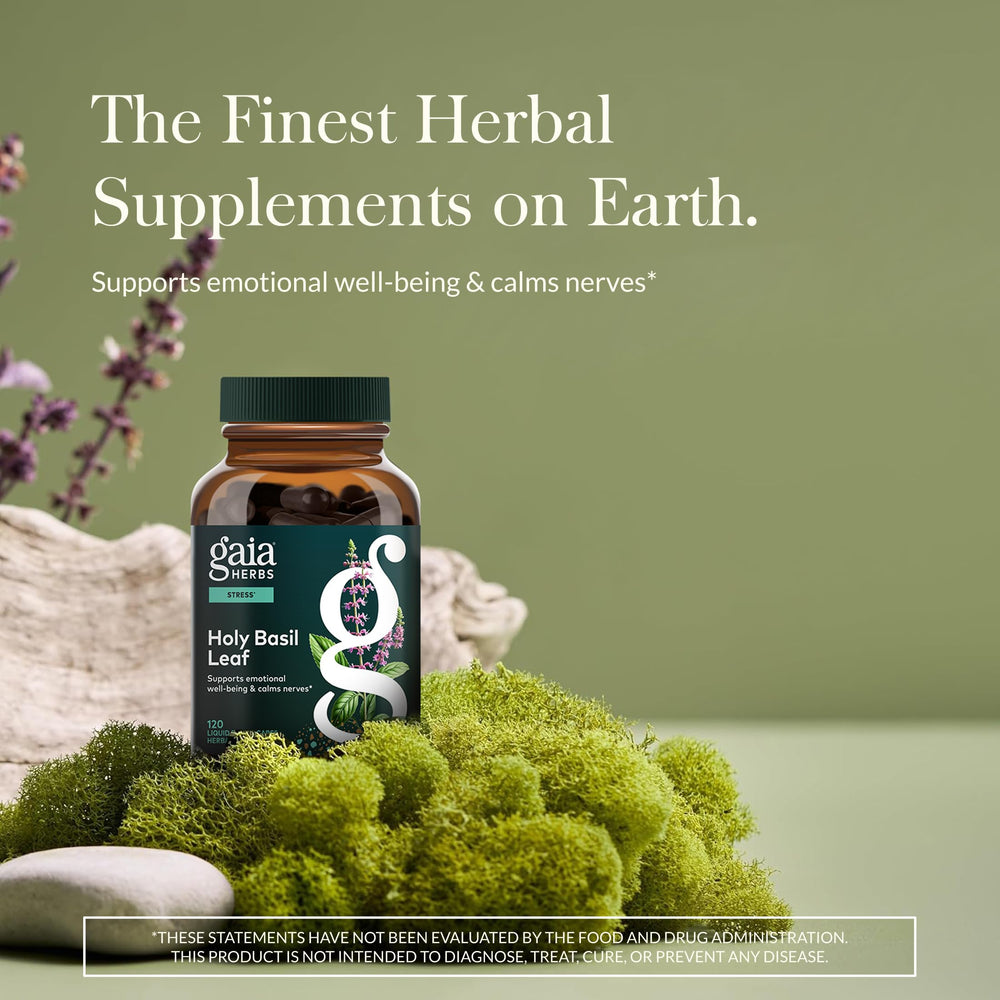 Gaia Herbs Holy Basil capsules stacked for daily rituals