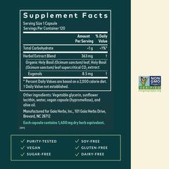 Close-up of Gaia Herbs Holy Basil label showing quality