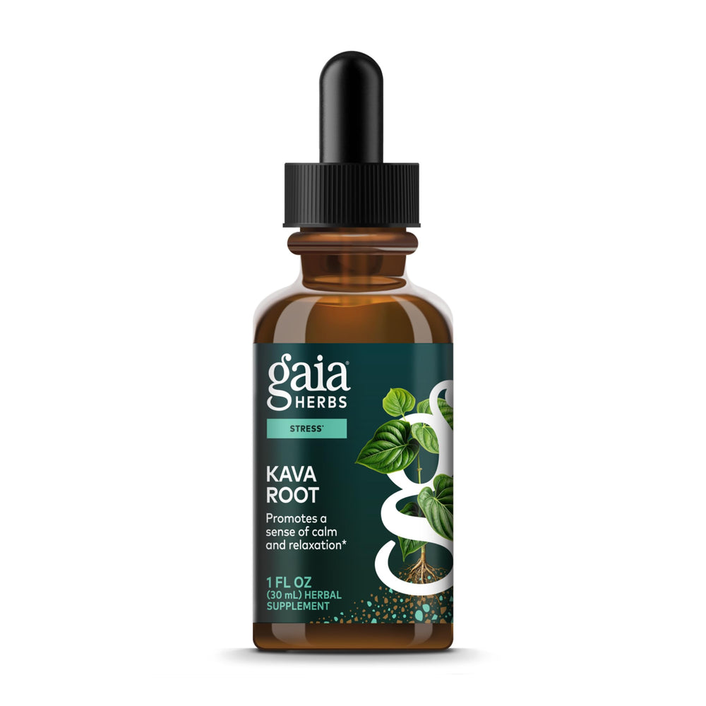 Gaia Herbs Kava Root bottle front promoting natural calm and relaxation