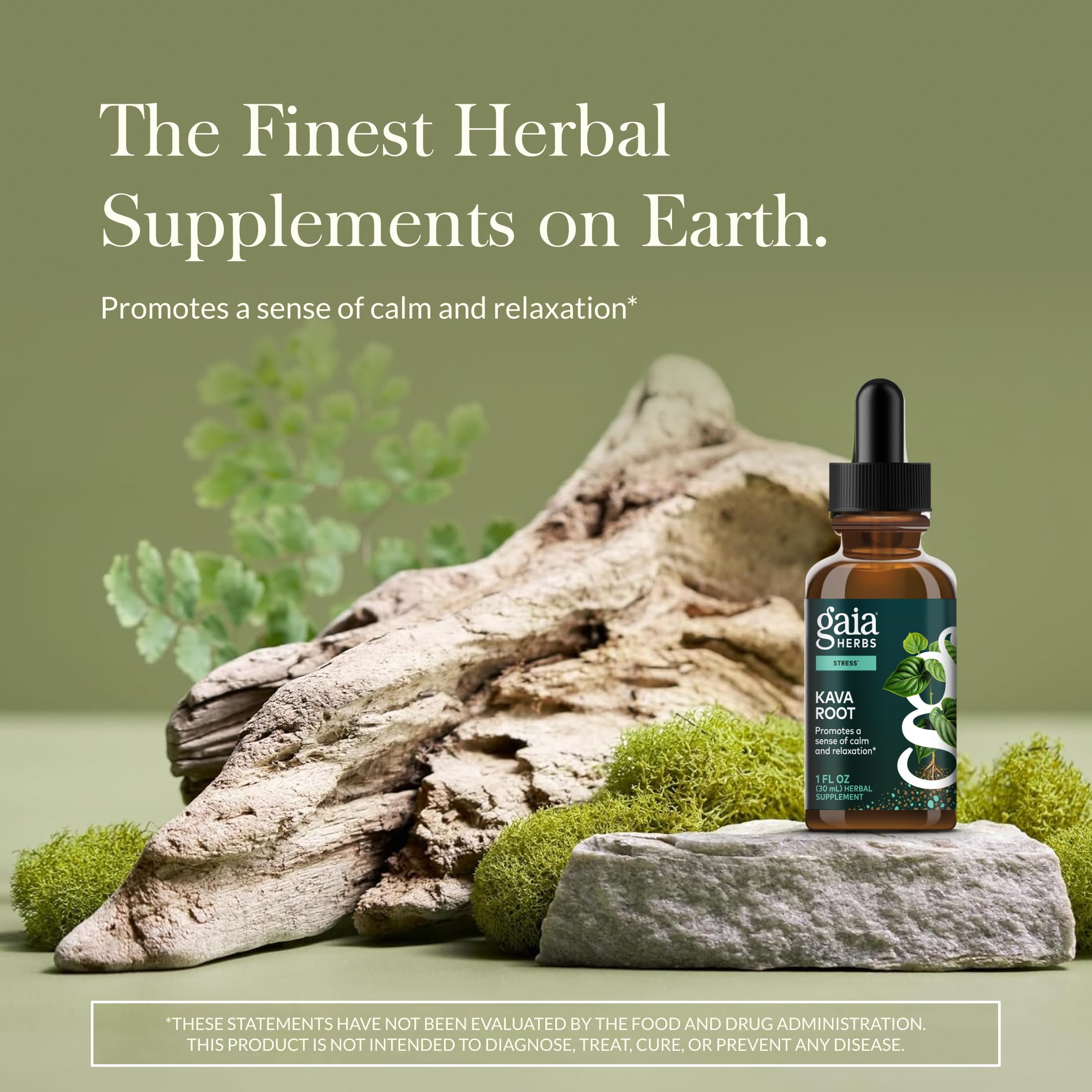 Gaia Herbs Kava Root bottle pour showing easy use for stress support
