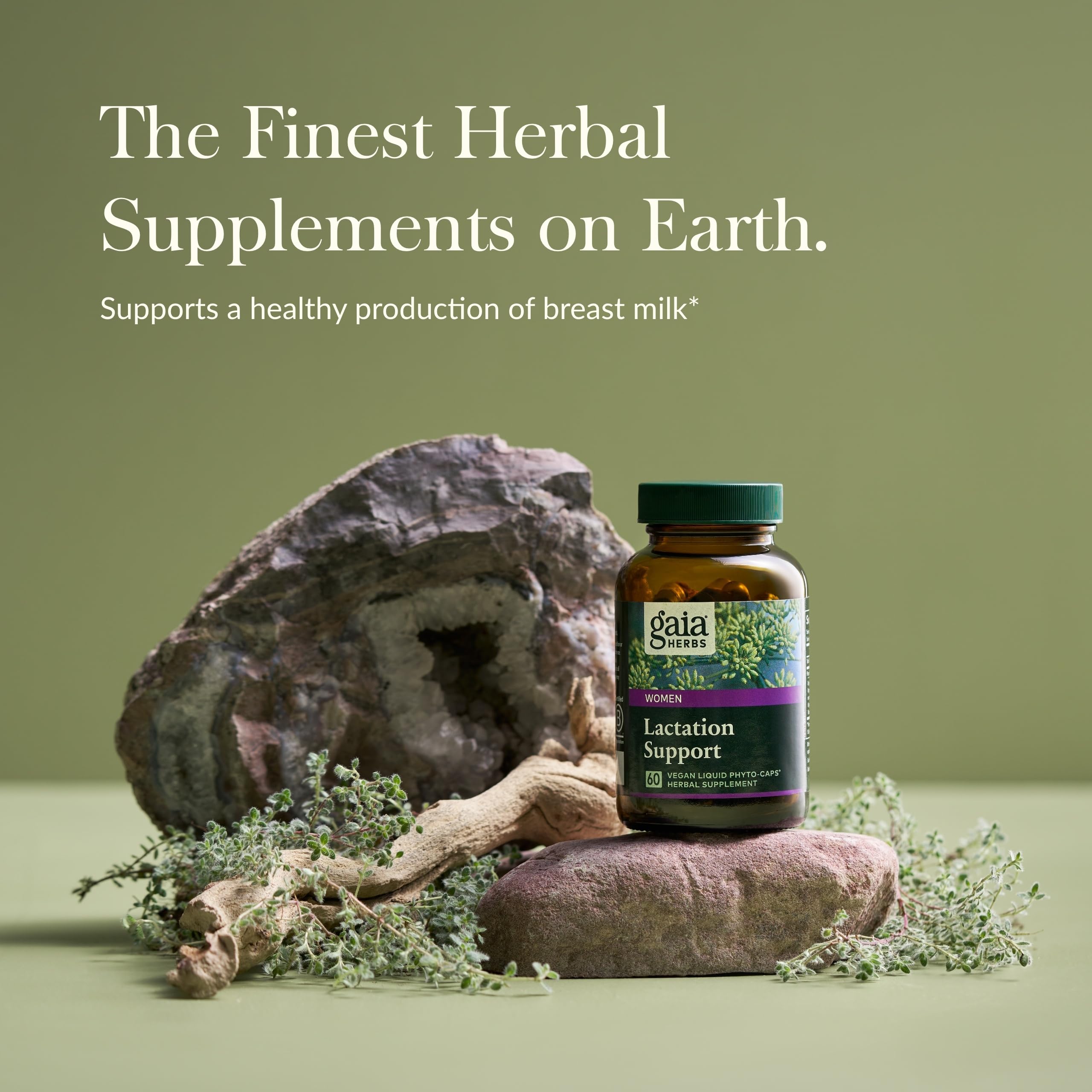 Gaia Herbs Lactation Support capsules arranged for daily use.