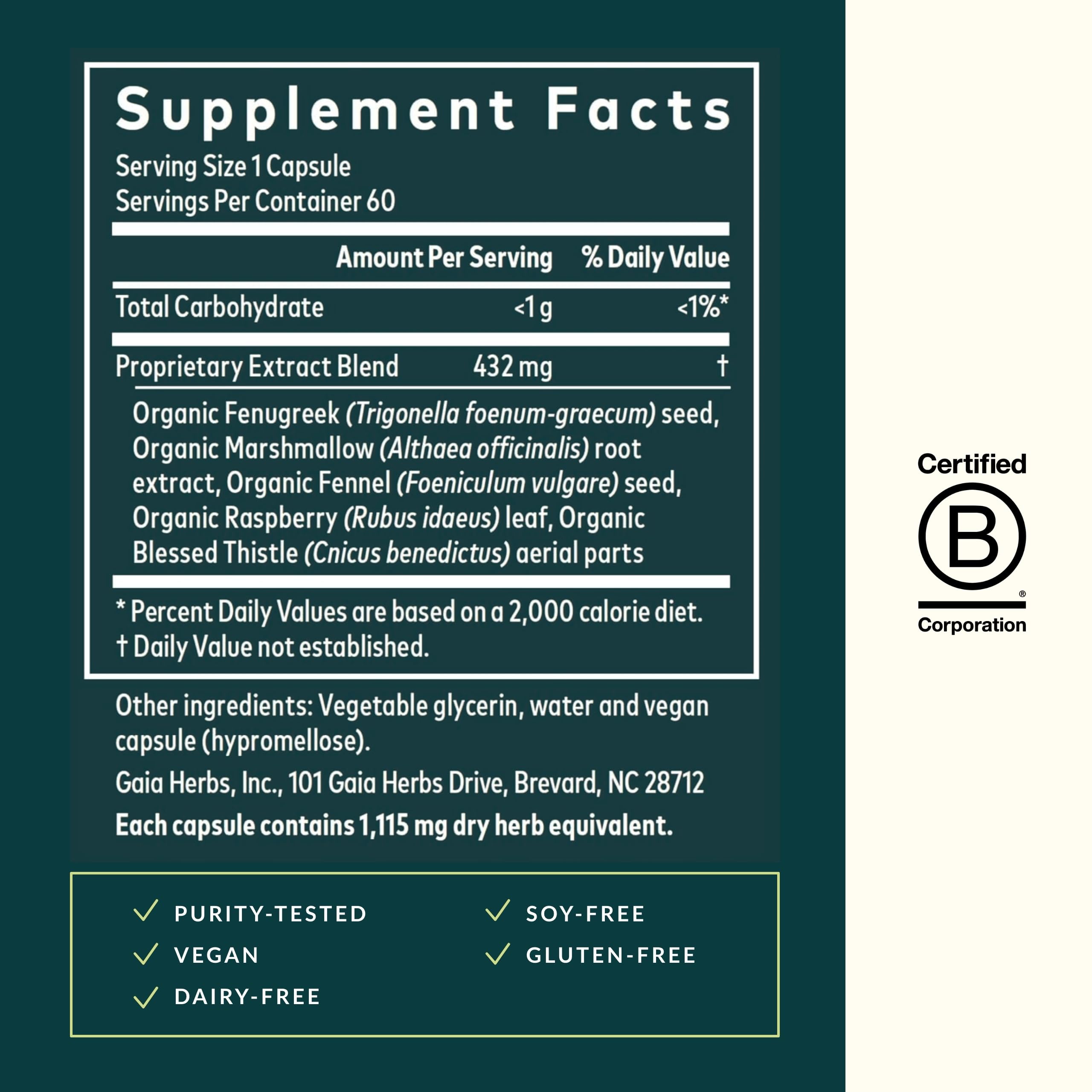 Gaia Herbs Lactation Support ingredients highlight fenugreek, fennel, and raspberry leaf.