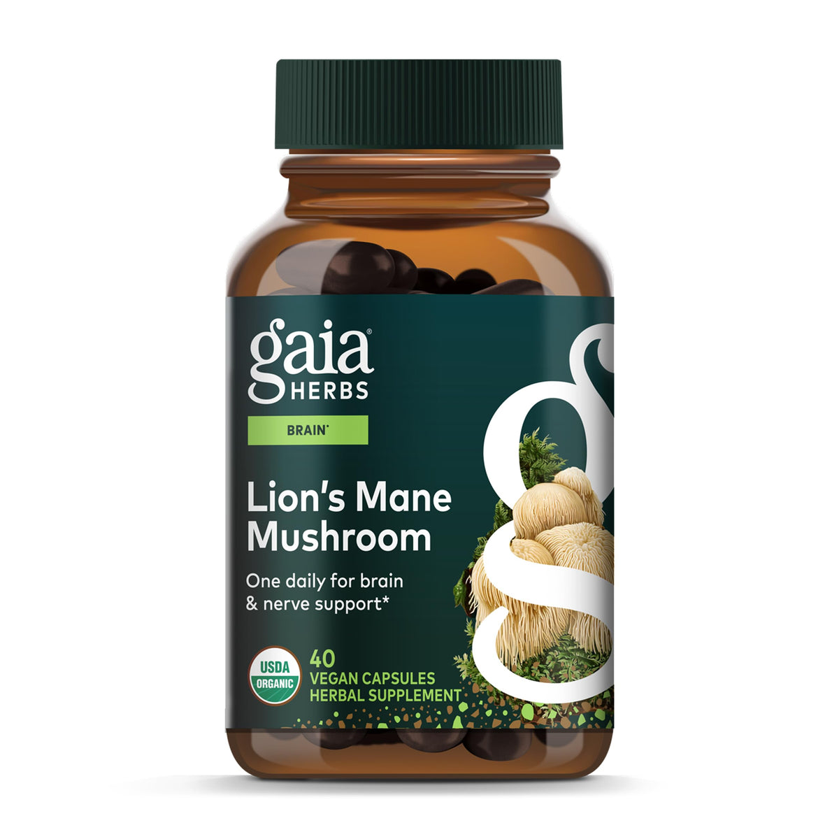 Gaia Herbs Lion's Mane capsules bottle for convenient daily brain and nerve support.