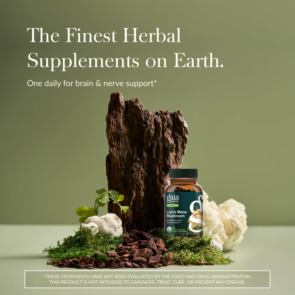 Lion's Mane label closeup highlighting organic, plant-based sourcing and quality commitment.