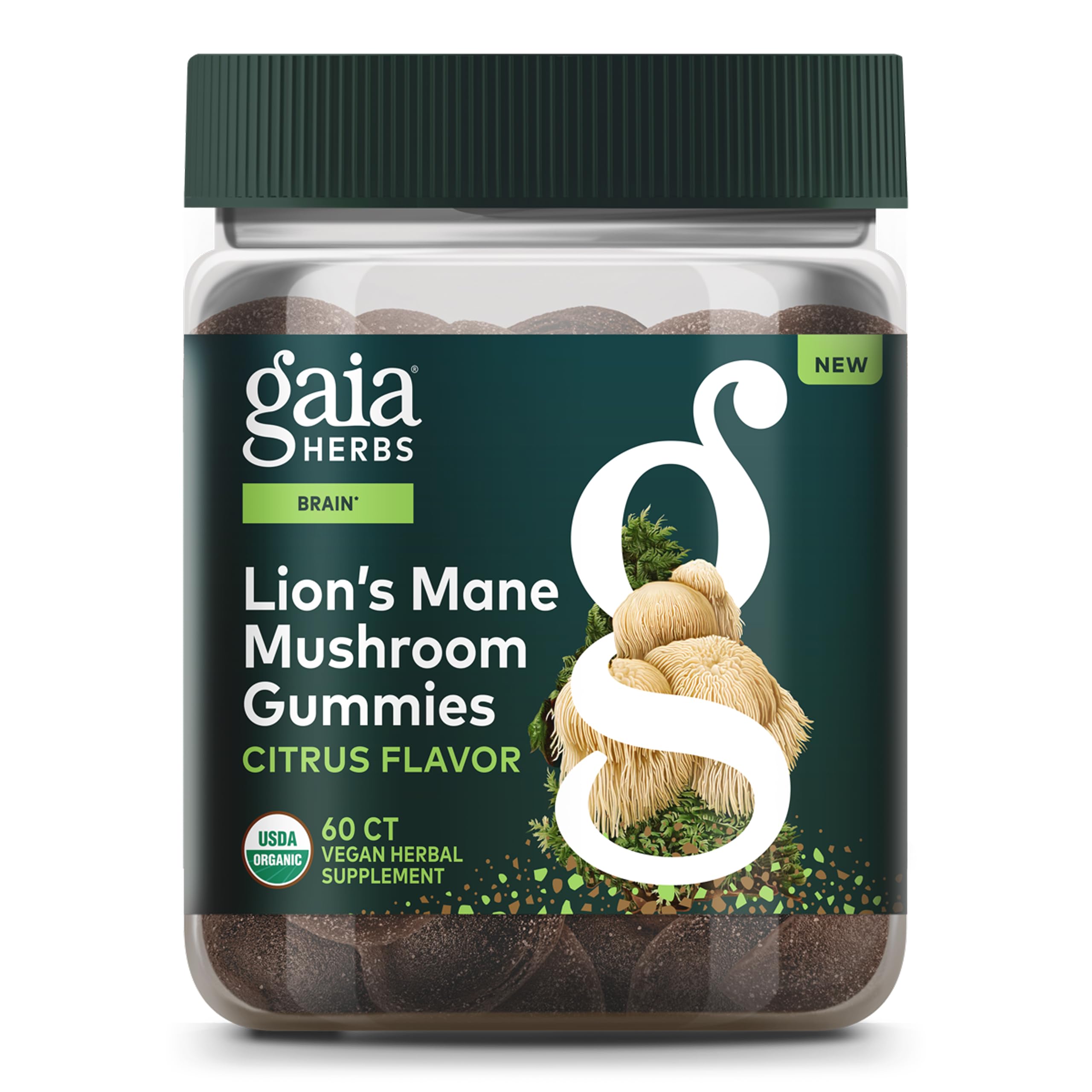 Gaia Herbs Lion's Mane bottle shows brain health support potential on label