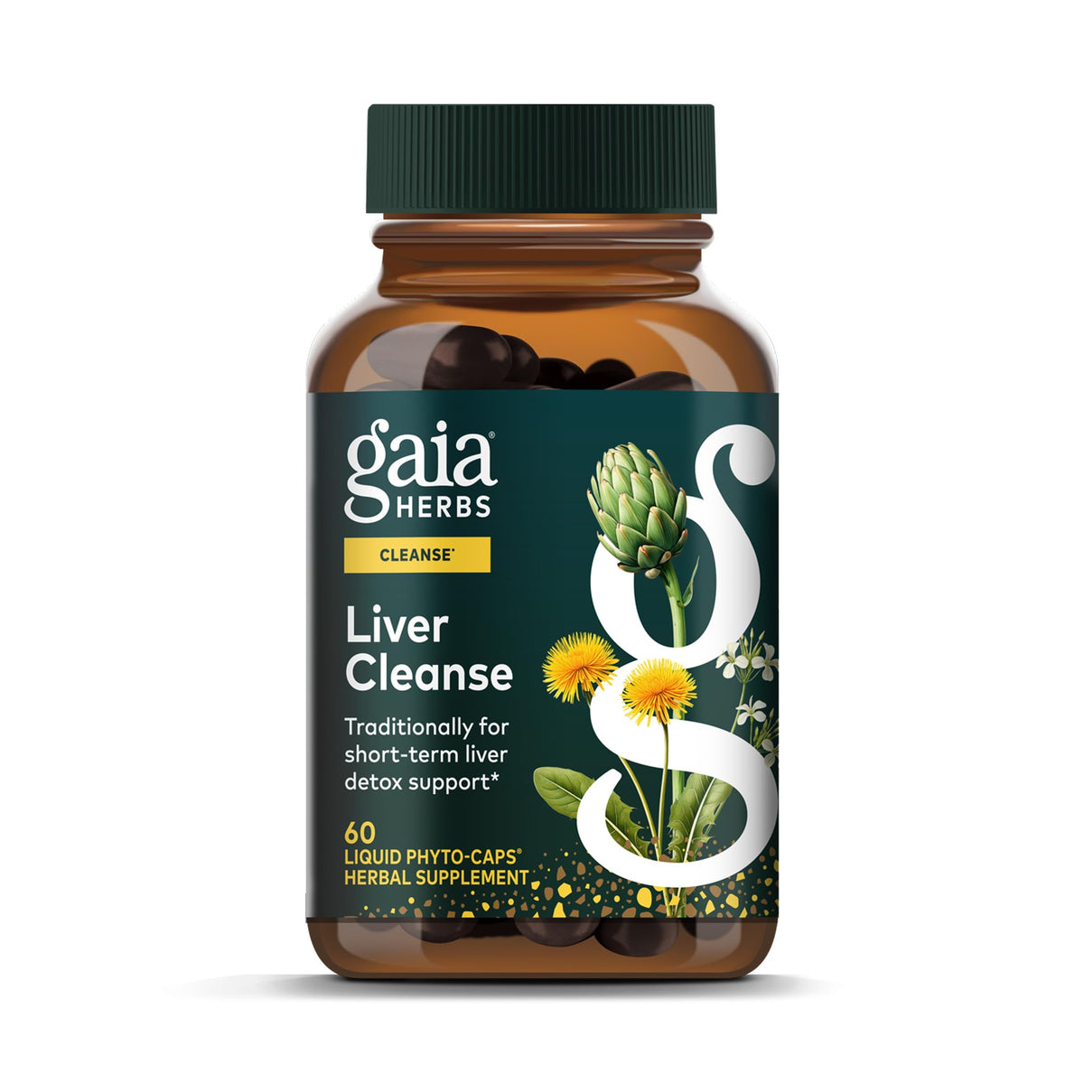 Gaia Herbs Liver Cleanse bottle front shows premium packaging and herbal blend for daily support