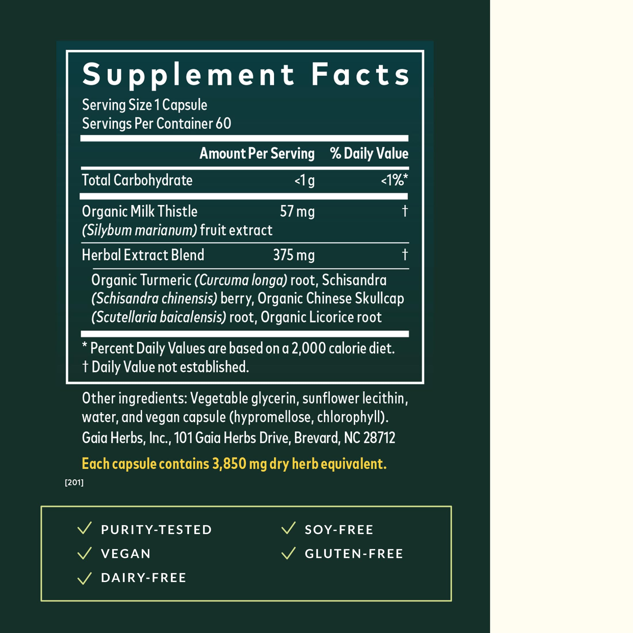 Gaia Herbs Liver Health bottle label closeup showing milk thistle and turmeric blend.