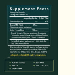 Gaia Herbs Liver Health bottle label closeup showing milk thistle and turmeric blend.