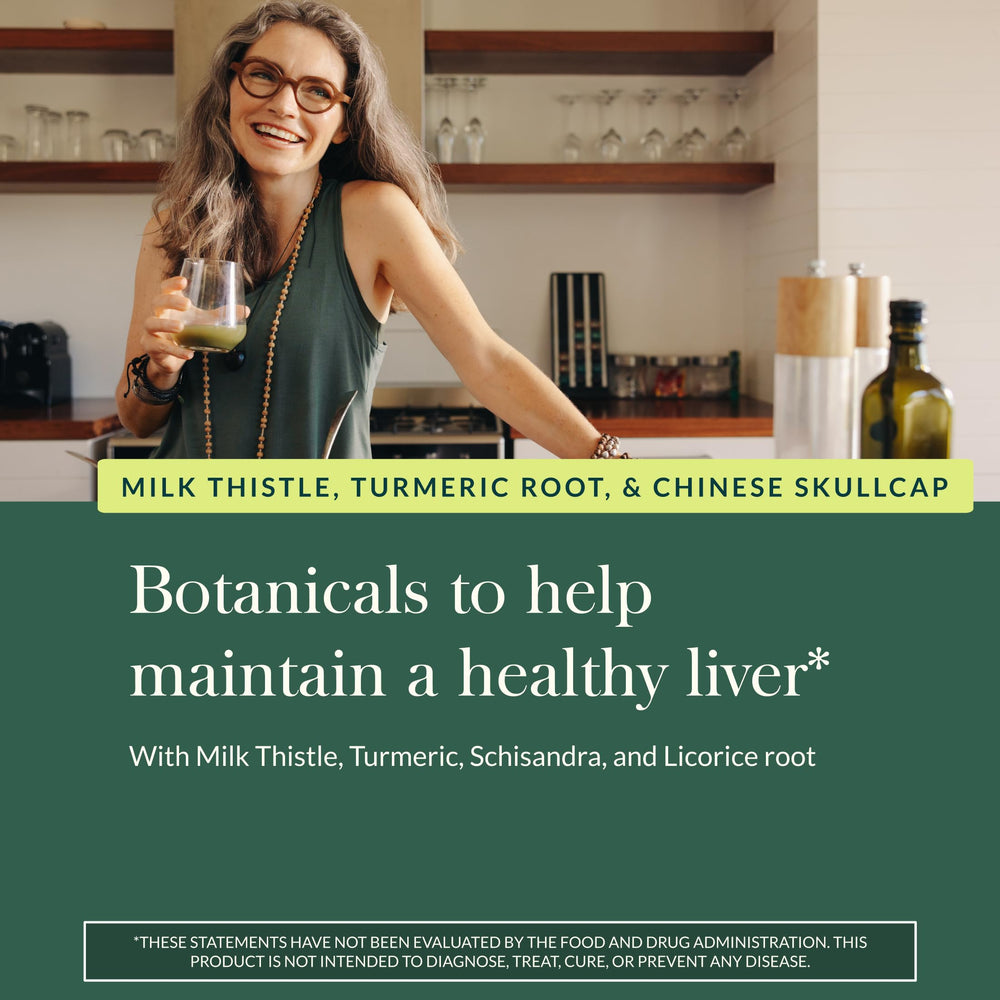 Gaia Herbs Liver Health bottle pour over glass suggesting daily ritual.