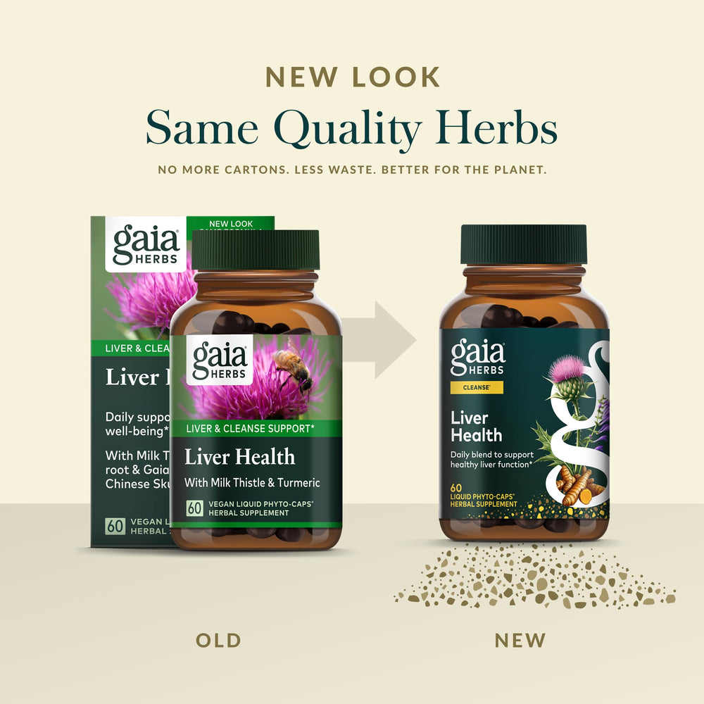 Gaia Herbs Liver Health ingredients blend illustration showing milk thistle, turmeric, schisandra.
